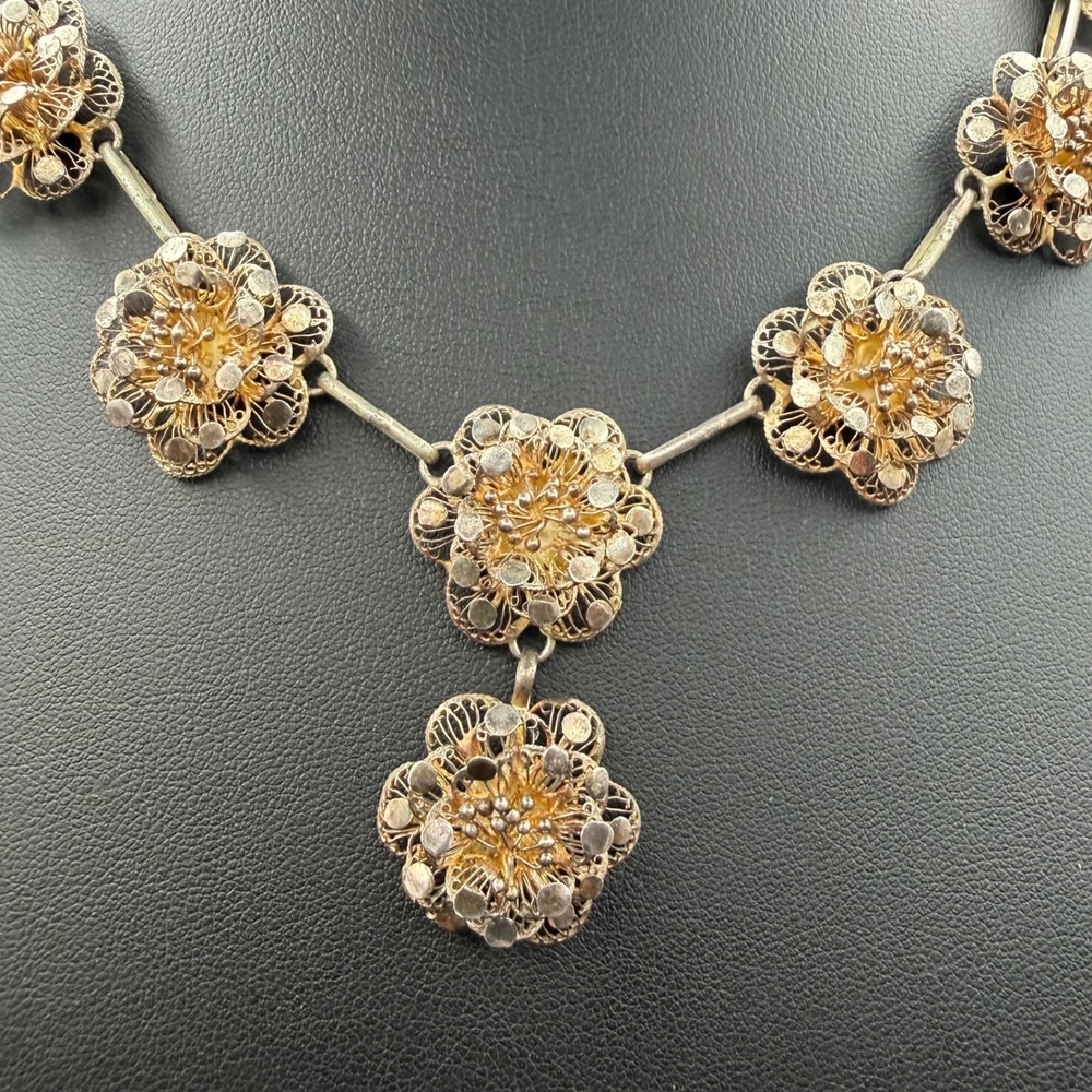 Vintage Flower Filigree Necklace Sterling Silver Floral Drop Antique 16 Inch - Picture 2 of 16